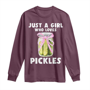 Just a Girl Who Loves Pickles Long Sleeve Shirt Pickle Jars with Coquette Bow TS10 Maroon Print Your Wear