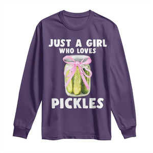 Just a Girl Who Loves Pickles Long Sleeve Shirt Pickle Jars with Coquette Bow TS10 Purple Print Your Wear