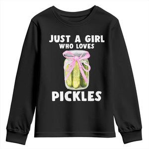 Just a Girl Who Loves Pickles Youth Sweatshirt Pickle Jars with Coquette Bow TS10 Black Print Your Wear