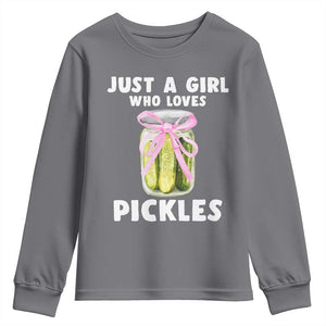 Just a Girl Who Loves Pickles Youth Sweatshirt Pickle Jars with Coquette Bow TS10 Charcoal Print Your Wear