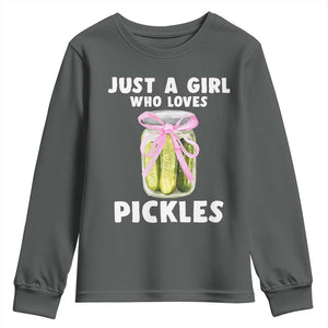 Just a Girl Who Loves Pickles Youth Sweatshirt Pickle Jars with Coquette Bow TS10 Dark Heather Print Your Wear