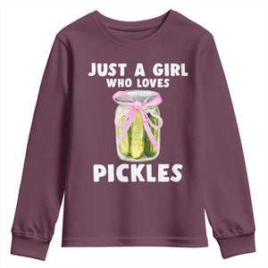 Just a Girl Who Loves Pickles Youth Sweatshirt Pickle Jars with Coquette Bow TS10 Maroon Print Your Wear