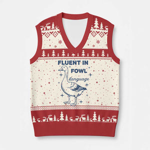 Fluent In FOWL Language V-Neck Knit Sweater Vest Vintage 90s Funny Duck Meme TS10 Beige Red Print Your Wear