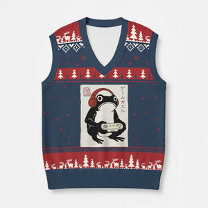 Japanese Gamer Frog V-Neck Knit Sweater Vest Boys Funny Vintage Gaming TS10 Navy Red Print Your Wear