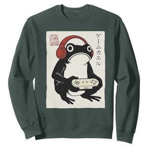 Japanese Gamer Frog Sweatshirt Boys Funny Vintage Gaming TS10 Dark Forest Green Print Your Wear