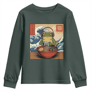 Cute Kawaii Gamer Frog Ramen Youth Sweatshirt Retro Japanese Funny Cat Gaming TS10 Dark Forest Green Print Your Wear