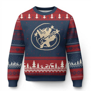 90s Y2K Scary Cat Ugly Christmas Sweater Scared Under Starry Tail Cat Playing Guitar TS10 Navy Red Print Your Wear