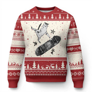Skateboard Cat Y2K Ugly Christmas Sweater Rockstar Gf Aesthetic Cat Retro Grunge Skater TS10 Beige Red Print Your Wear