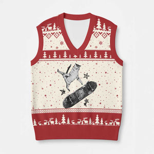 Skateboard Cat Y2K V-Neck Knit Sweater Vest Rockstar Gf Aesthetic Cat Retro Grunge Skater TS10 Beige Red Print Your Wear