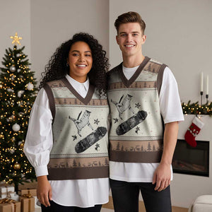 Skateboard Cat Y2K V-Neck Knit Sweater Vest Rockstar Gf Aesthetic Cat Retro Grunge Skater TS10 Mocha Mousse Print Your Wear
