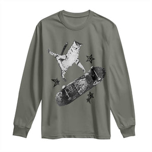Skateboard Cat Y2K Long Sleeve Shirt Rockstar Gf Aesthetic Cat Retro Grunge Skater TS10 Military Green Print Your Wear