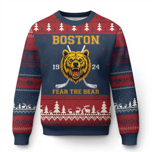 Boston Ice Hockey Ugly Christmas Sweater Retro Vintage Fear The Bear TS10 Navy Red Print Your Wear
