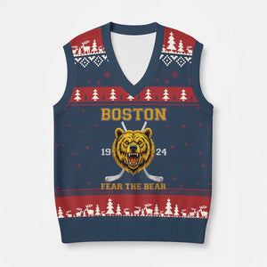 Boston Ice Hockey V-Neck Knit Sweater Vest Retro Vintage Fear The Bear TS10 Navy Red Print Your Wear