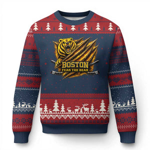 Boston Ice Hockey Ugly Christmas Sweater Retro Fear The Bear Funny Sarcastic Saying TS10 Navy Red Print Your Wear