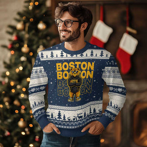 Retro Boston Ice Hockey Ugly Christmas Sweater Fear The Bear TS10 Navy Beige Print Your Wear