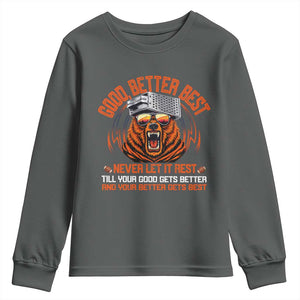 Good Better Best Youth Sweatshirt Never Let It Rest Motivation Saying Bear TS10 Dark Heather Print Your Wear