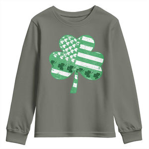 St Patricks Day American Flag Shamrocks Youth Sweatshirt Lucky Retro Vintage Irish USA TS10 Military Green Print Your Wear