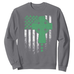 St Patricks Day American Flag Sweatshirt Celtic Cross Shamrocks TS10 Charcoal Print Your Wear