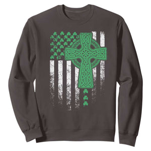 St Patricks Day American Flag Sweatshirt Celtic Cross Shamrocks TS10 Dark Chocolate Print Your Wear