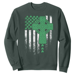 St Patricks Day American Flag Sweatshirt Celtic Cross Shamrocks TS10 Dark Forest Green Print Your Wear