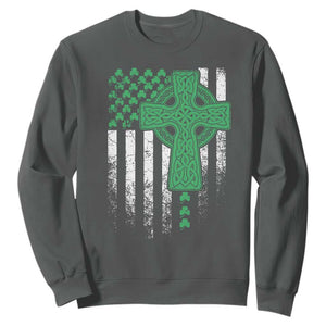 St Patricks Day American Flag Sweatshirt Celtic Cross Shamrocks TS10 Dark Heather Print Your Wear