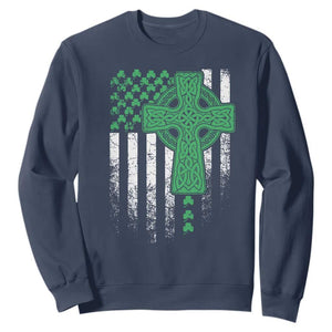 St Patricks Day American Flag Sweatshirt Celtic Cross Shamrocks TS10 Navy Print Your Wear