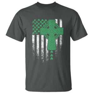 St Patricks Day American Flag T Shirt Celtic Cross Shamrocks TS10 Dark Heather Print Your Wear