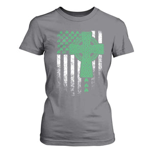 St Patricks Day American Flag T Shirt For Women Celtic Cross Shamrocks TS10 Charcoal Print Your Wear