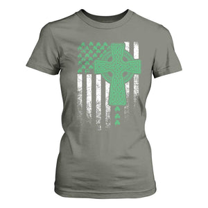 St Patricks Day American Flag T Shirt For Women Celtic Cross Shamrocks TS10 Military Green Print Your Wear