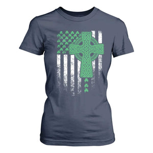 St Patricks Day American Flag T Shirt For Women Celtic Cross Shamrocks TS10 Navy Print Your Wear