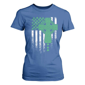 St Patricks Day American Flag T Shirt For Women Celtic Cross Shamrocks TS10 Royal Blue Print Your Wear