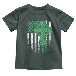 St Patricks Day American Flag Toddler T Shirt Celtic Cross Shamrocks TS10 Dark Forest Green Print Your Wear