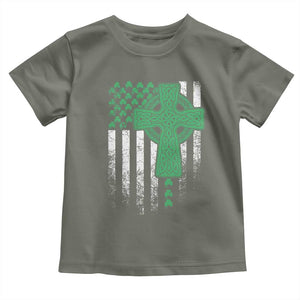 St Patricks Day American Flag Toddler T Shirt Celtic Cross Shamrocks TS10 Military Green Print Your Wear