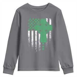 St Patricks Day American Flag Youth Sweatshirt Celtic Cross Shamrocks TS10 Charcoal Print Your Wear