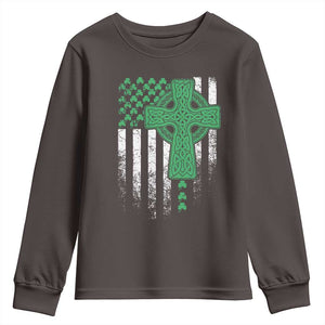 St Patricks Day American Flag Youth Sweatshirt Celtic Cross Shamrocks TS10 Dark Chocolate Print Your Wear