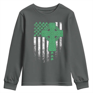 St Patricks Day American Flag Youth Sweatshirt Celtic Cross Shamrocks TS10 Dark Heather Print Your Wear