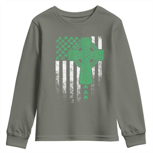 St Patricks Day American Flag Youth Sweatshirt Celtic Cross Shamrocks TS10 Military Green Print Your Wear