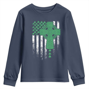 St Patricks Day American Flag Youth Sweatshirt Celtic Cross Shamrocks TS10 Navy Print Your Wear