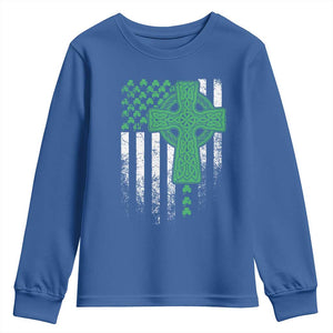 St Patricks Day American Flag Youth Sweatshirt Celtic Cross Shamrocks TS10 Royal Blue Print Your Wear