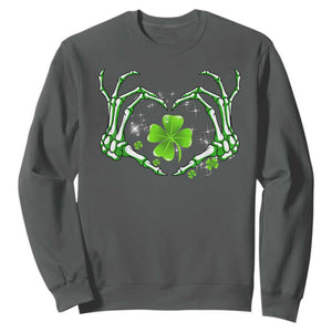 Skeleton Hand Heart Shamrock St Patricks Day Sweatshirt TS10 Dark Heather Print Your Wear