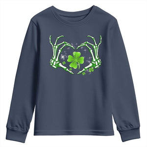Skeleton Hand Heart Shamrock St Patricks Day Youth Sweatshirt TS10 Navy Print Your Wear