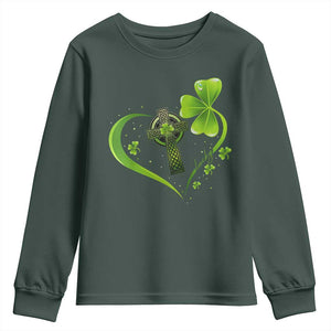 St Patricks Day Youth Sweatshirt Lucky Clover Irish Shamrock Celtic Cross TS10 Dark Forest Green Print Your Wear