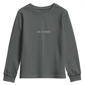 Easter Cross He Is Risen Youth Sweatshirt Cross Subtle Christian Minimal Religious Faith Jesus TS10 Dark Heather Print Your Wear