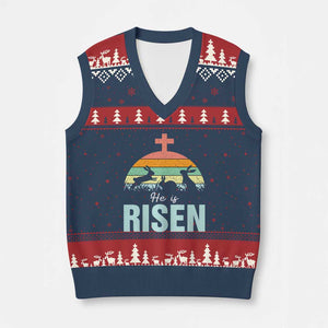 Retro He is Risen V-Neck Knit Sweater Vest Bunny Easter Cross Christian Religious Jesus Has Risen TS10 Navy Red Print Your Wear