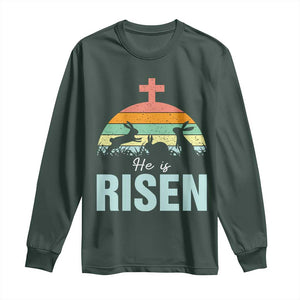 Retro He is Risen Long Sleeve Shirt Bunny Easter Cross Christian Religious Jesus Has Risen TS10 Dark Forest Green Print Your Wear