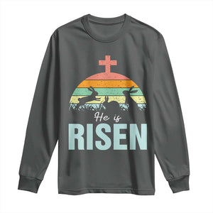 Retro He is Risen Long Sleeve Shirt Bunny Easter Cross Christian Religious Jesus Has Risen TS10 Dark Heather Print Your Wear