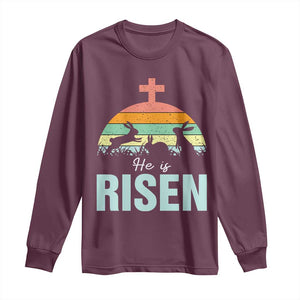 Retro He is Risen Long Sleeve Shirt Bunny Easter Cross Christian Religious Jesus Has Risen TS10 Maroon Print Your Wear
