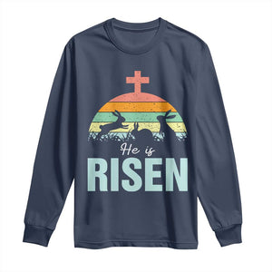 Retro He is Risen Long Sleeve Shirt Bunny Easter Cross Christian Religious Jesus Has Risen TS10 Navy Print Your Wear