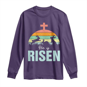 Retro He is Risen Long Sleeve Shirt Bunny Easter Cross Christian Religious Jesus Has Risen TS10 Purple Print Your Wear