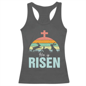 Retro He is Risen Racerback Tank Top Bunny Easter Cross Christian Religious Jesus Has Risen TS10 Dark Heather Print Your Wear